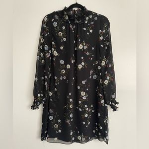 H&M High Collar Frill Black Floral Shift Dress Size 6
